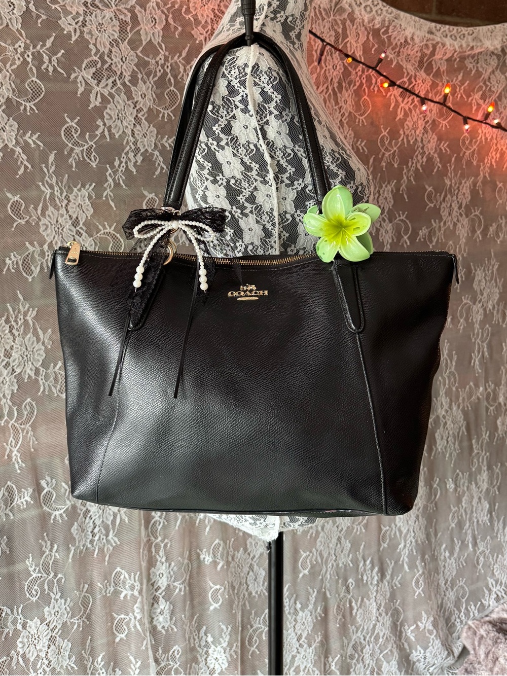 Coach Black Pebbled Leather Tote with Fur Pom Leopard Accent